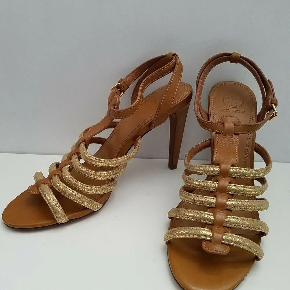 Tory Burch Women sandals High Heel Brown gold leather strappy Charlene 10.5 new